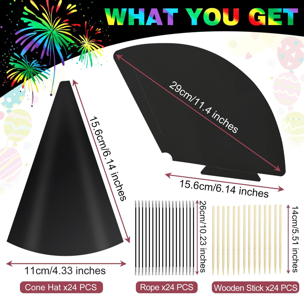 SAYAYA 72 PCS Rainbow Scratch Party Hats Bulk – DIY Birthday Cone Hats for Kids & Adults