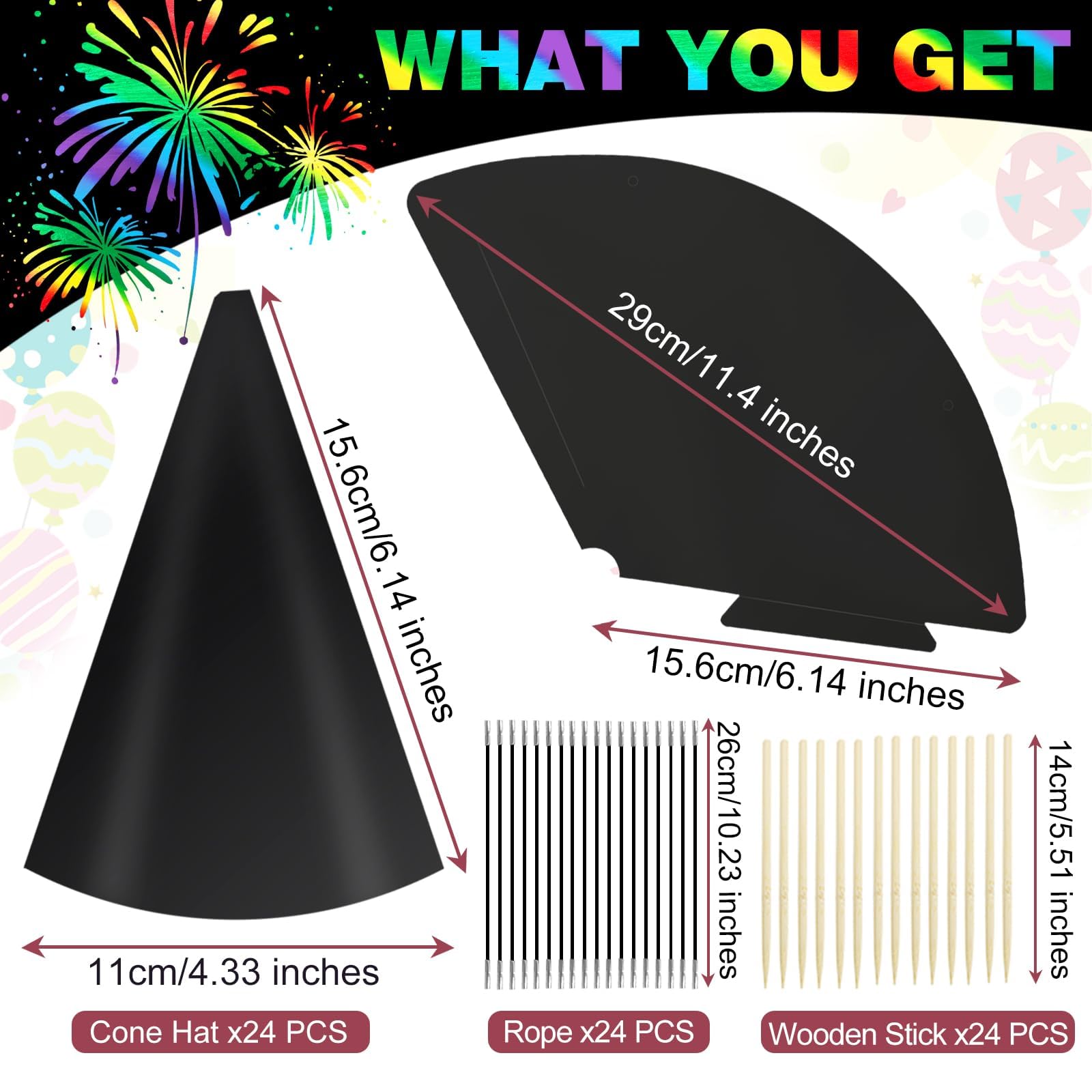 SAYAYA 72 PCS Rainbow Scratch Party Hats Bulk – DIY Birthday Cone Hats for Kids & Adults