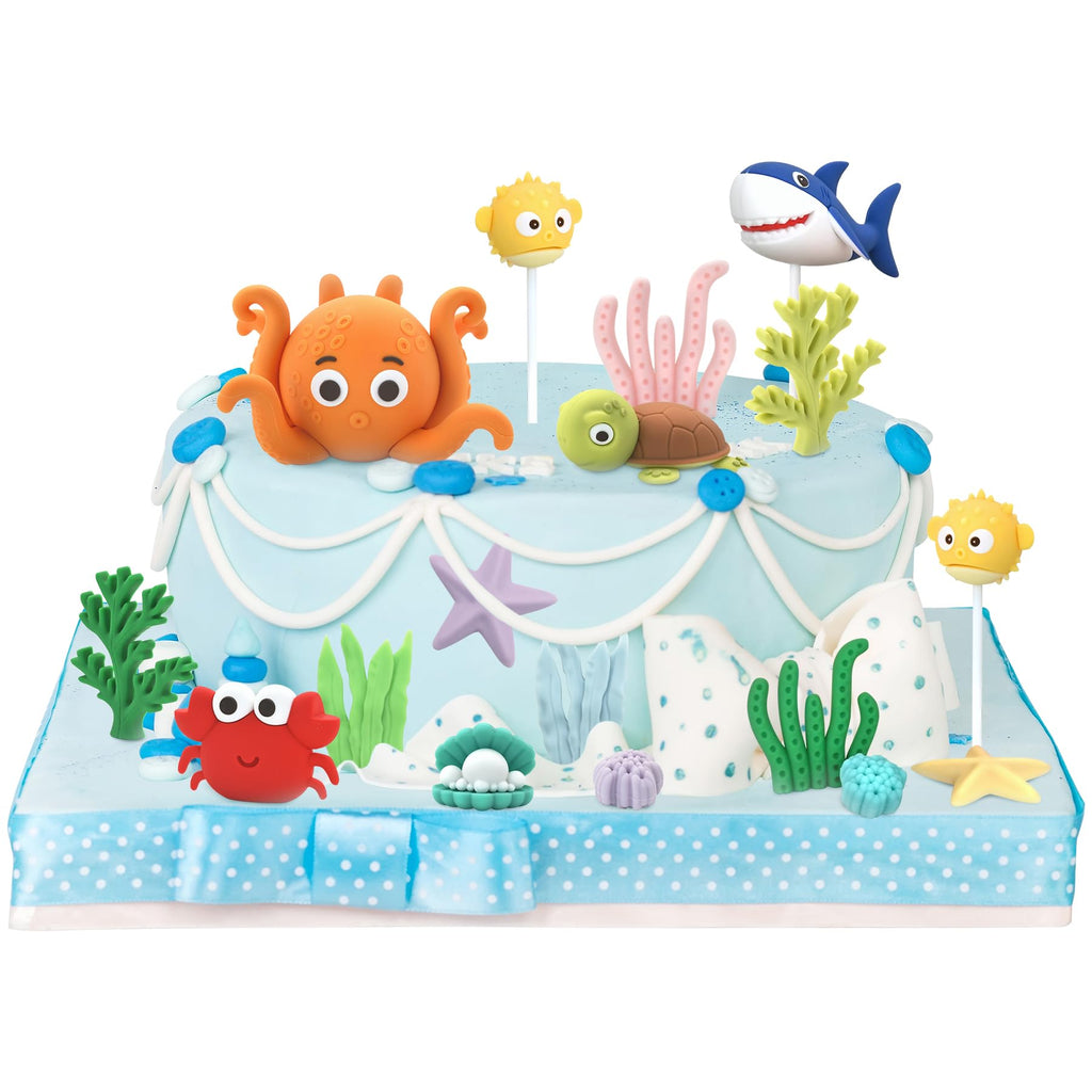 SayHalo Under the Sea Cake Toppers — 17-Piece Ocean Animal Decorations for Mermaid & Beach Parties
