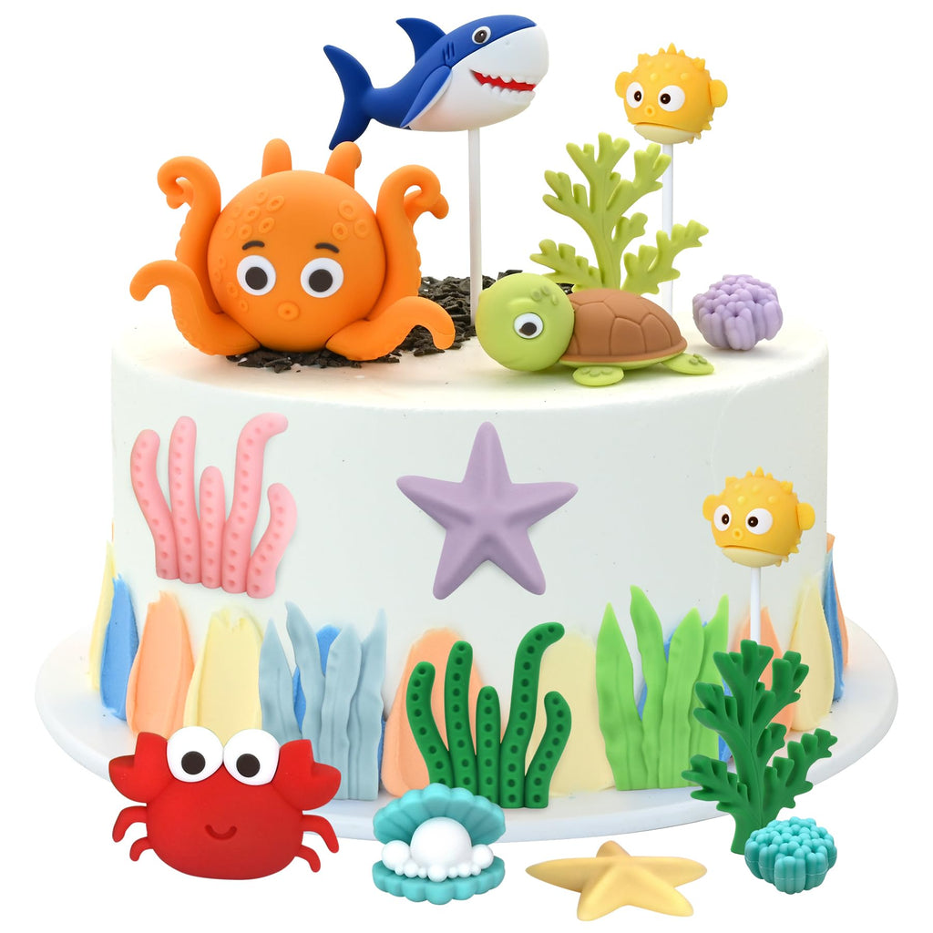 SayHalo Under the Sea Cake Toppers — 17-Piece Ocean Animal Decorations for Mermaid & Beach Parties
