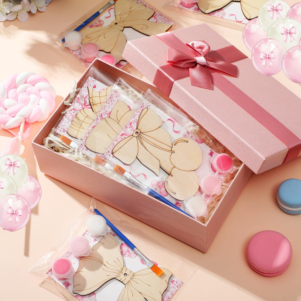 Saypacck Pink Bow Party Favors – 24 Wooden Craft Kits for Creative DIY Gifts