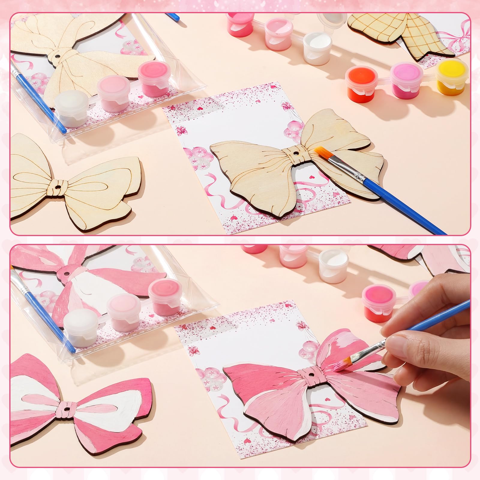 Saypacck Pink Bow Party Favors – 24 Wooden Craft Kits for Creative DIY Gifts