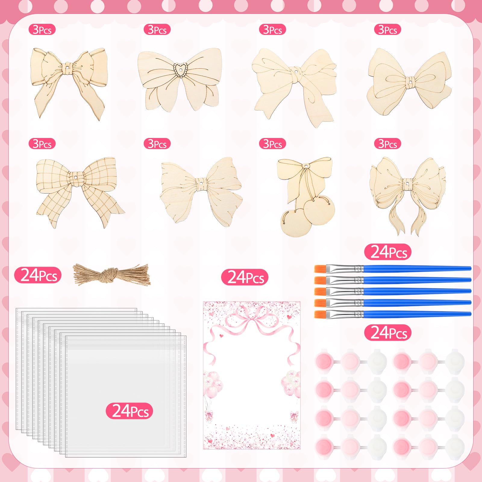 Saypacck Pink Bow Party Favors – 24 Wooden Craft Kits for Creative DIY Gifts