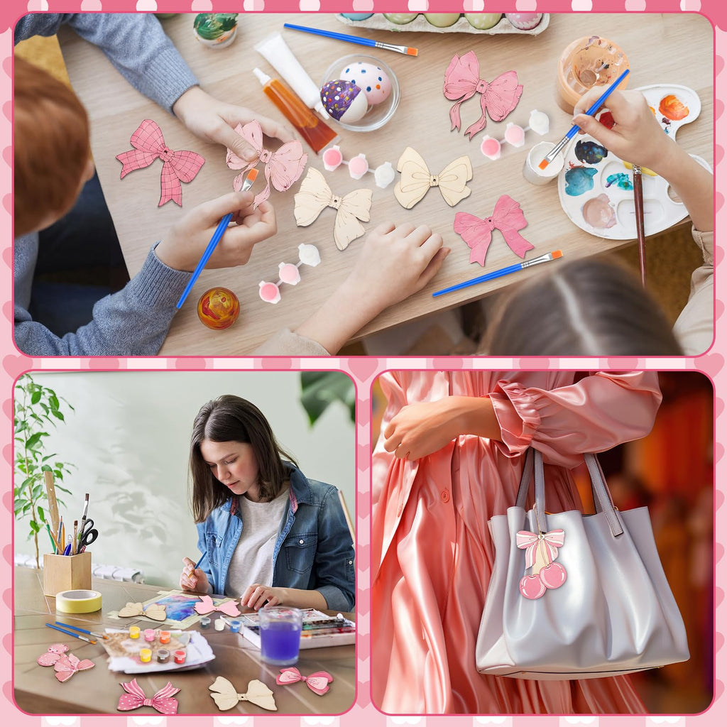 Saypacck Pink Bow Party Favors – 24 Wooden Craft Kits for Creative DIY Gifts
