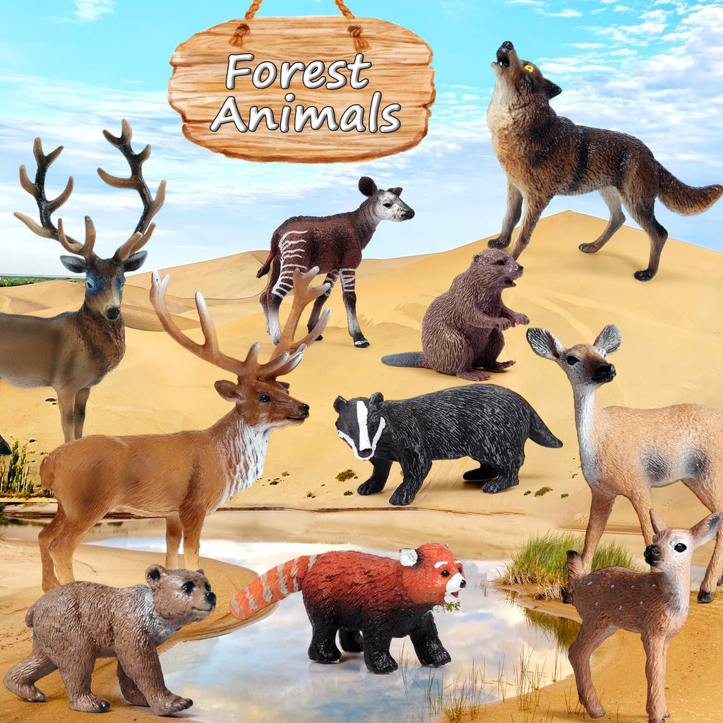 SCAHOW Forest Animal Toys - 10Pcs Realistic Woodland Figurines for Cake Toppers