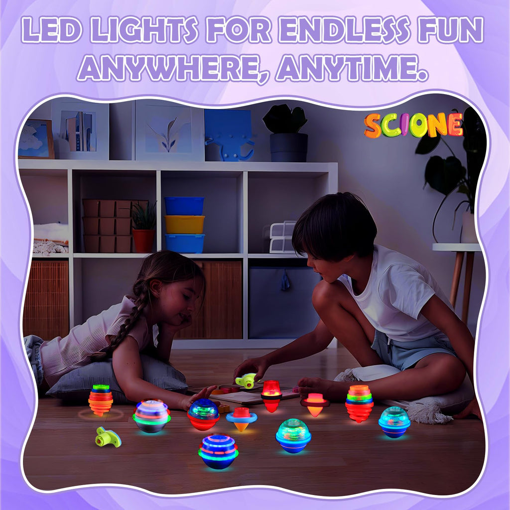 SCIONE LED Light Up Spinning Tops – 10 Pcs Kids Party Favors, Glow-in-the-Dark Toys