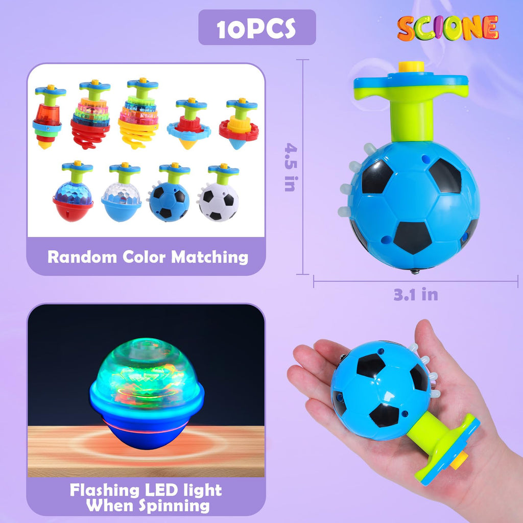SCIONE LED Light Up Spinning Tops – 10 Pcs Kids Party Favors, Glow-in-the-Dark Toys