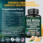 Sea Moss + Black Seed Oil Capsules with Ashwagandha & Ginger – Organic Multimineral Sea Moss (120 Capsules) USA