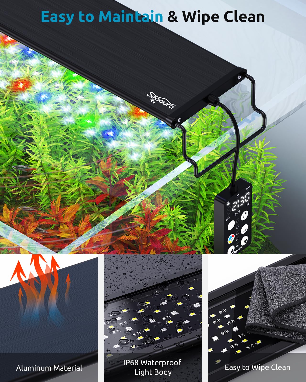 SEAOURA Aquarium Light | 24/7 Custom Timer, 7-Row Full Spectrum LED for 24–30in Tanks