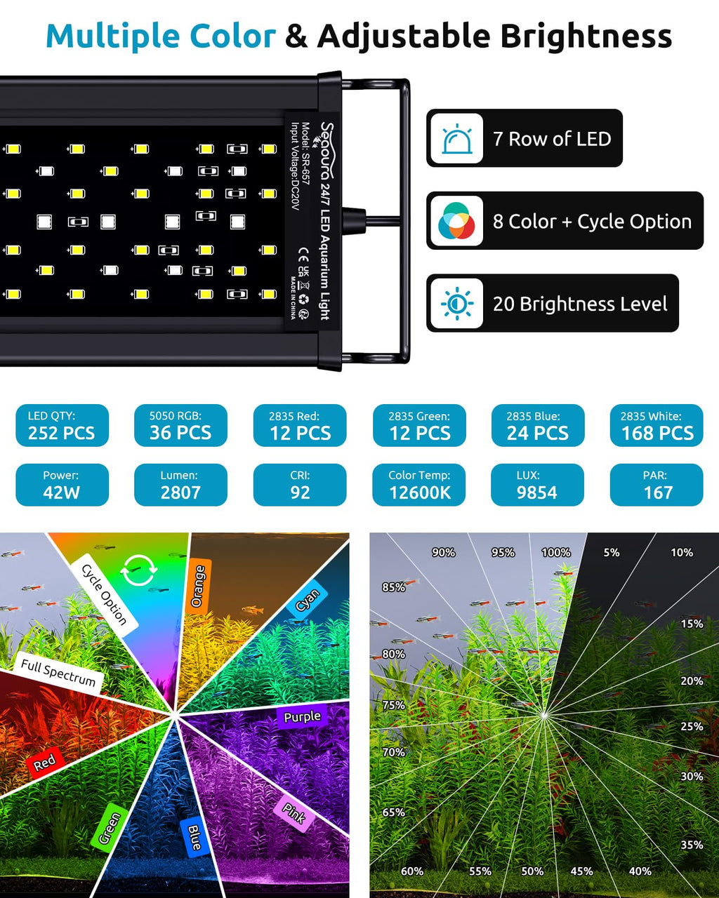 SEAOURA Full Spectrum Aquarium Light | 36-42in, 24/7 Timer, IP68, Plant Growth