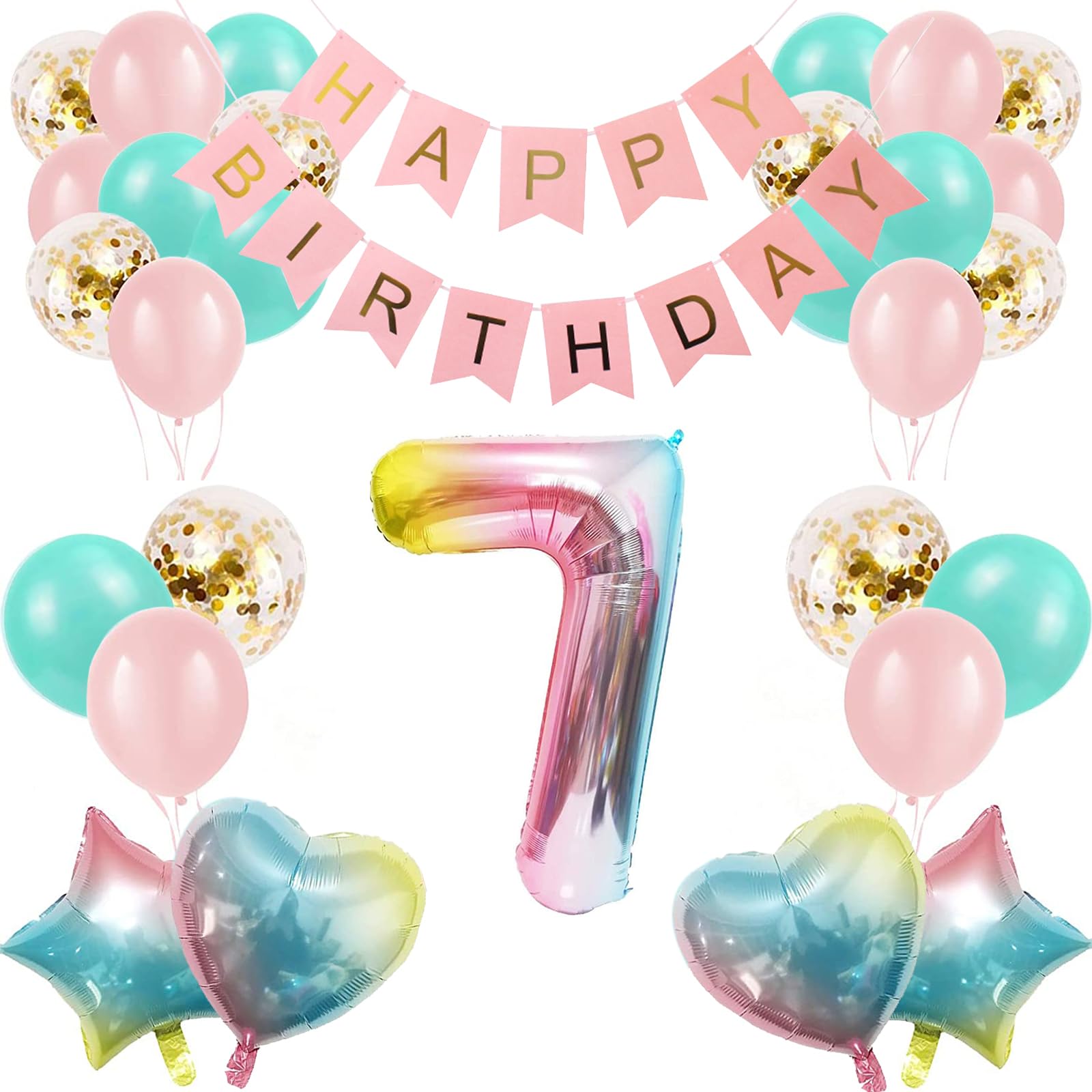 SEDECIDE 7th Birthday Decorations for Girls – Gradient Balloons, Happy Birthday Banner & Party Supplies