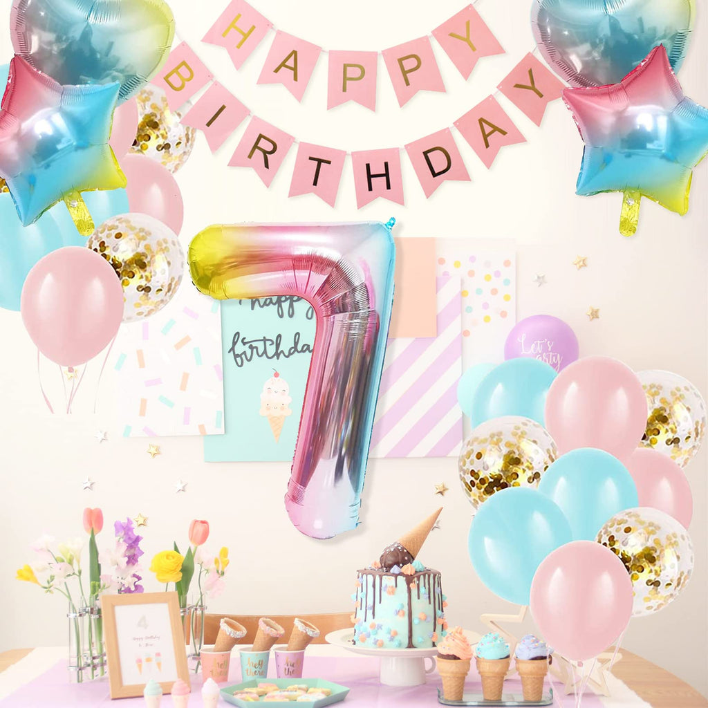 SEDECIDE 7th Birthday Decorations for Girls – Gradient Balloons, Happy Birthday Banner & Party Supplies