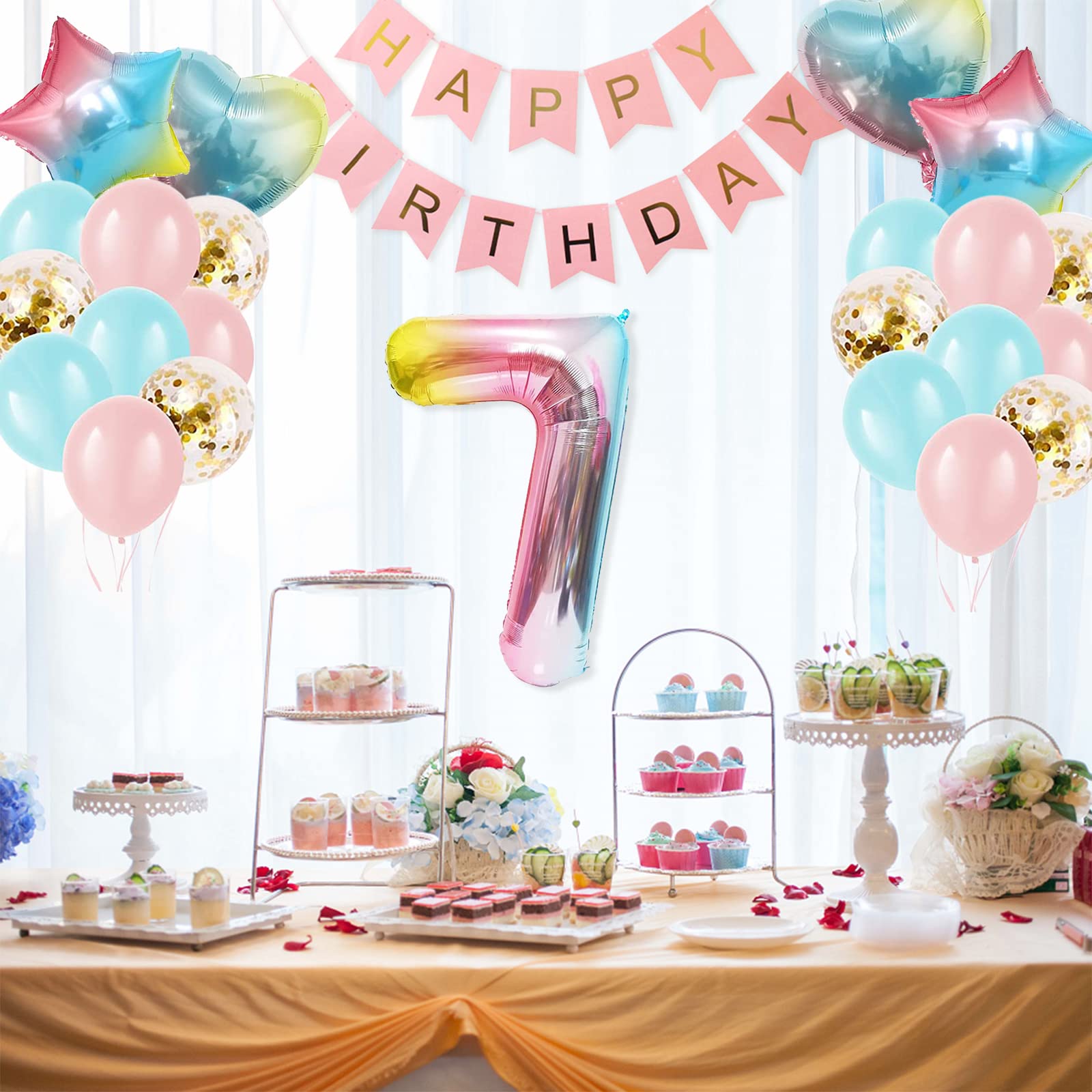 SEDECIDE 7th Birthday Decorations for Girls – Gradient Balloons, Happy Birthday Banner & Party Supplies