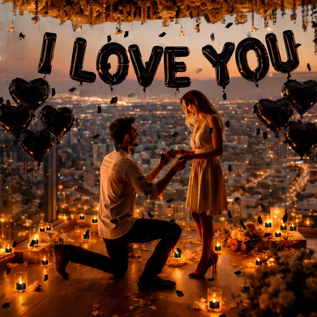Seematn Black Valentines Day Balloons Kit – I Love You Banner, Heart Balloons & Rose Petals