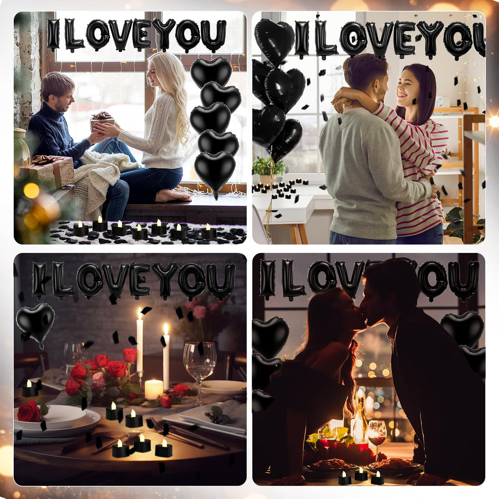 Seematn Black Valentines Day Balloons Kit – I Love You Banner, Heart Balloons & Rose Petals