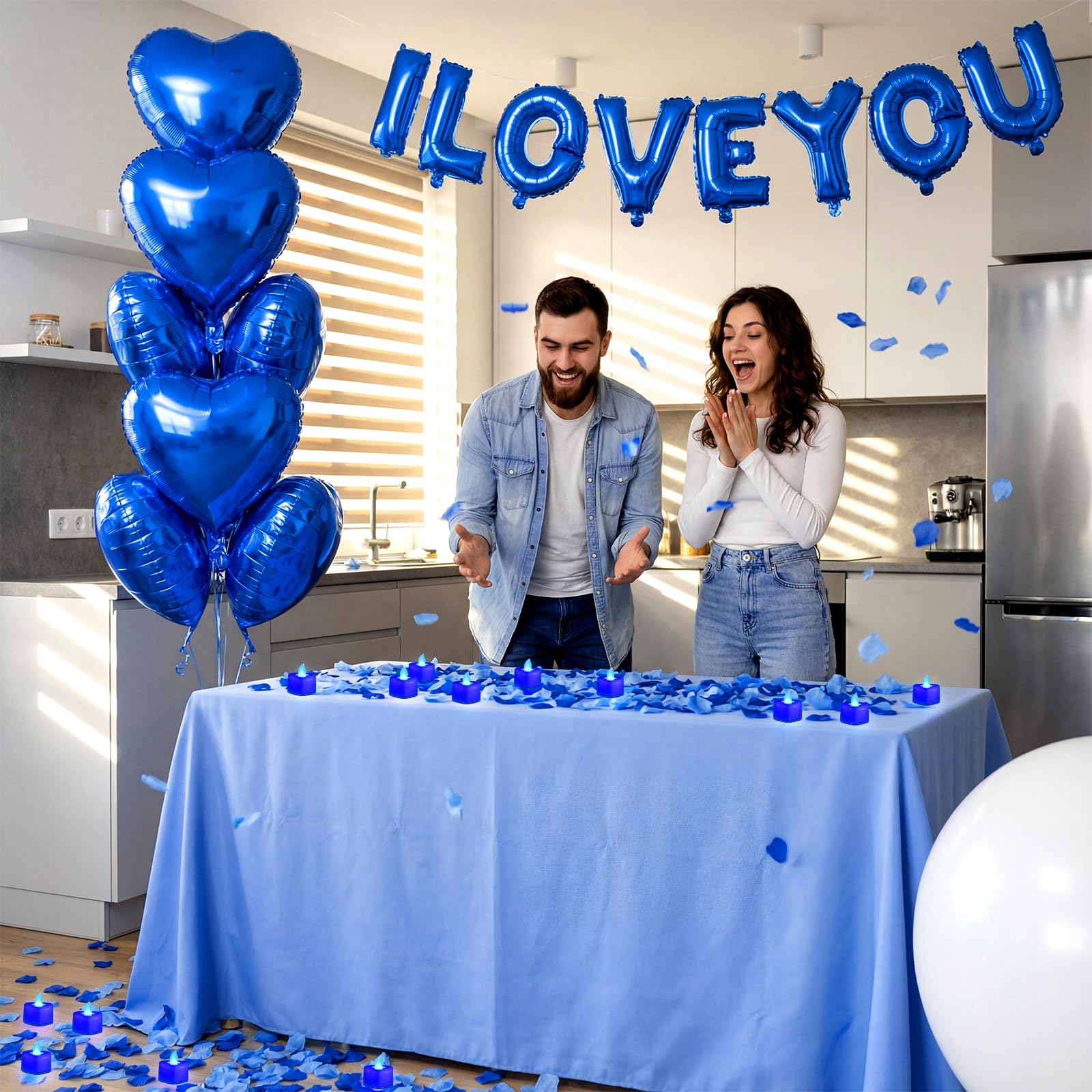 Seematn Blue Valentine's Day Balloons Kit – I Love You Banner, Heart Balloons, Flameless Candles & Rose Petals