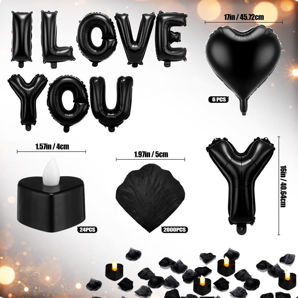 Seematn Black Valentines Day Balloons Kit – I Love You Banner, Heart Balloons & Rose Petals