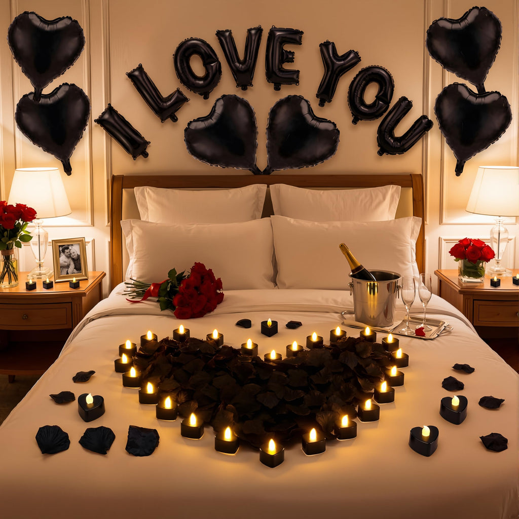 Seematn Black Valentines Day Balloons Kit – I Love You Banner, Heart Balloons & Rose Petals