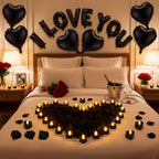 Seematn Black Valentines Day Balloons Kit – I Love You Banner, Heart Balloons & Rose Petals