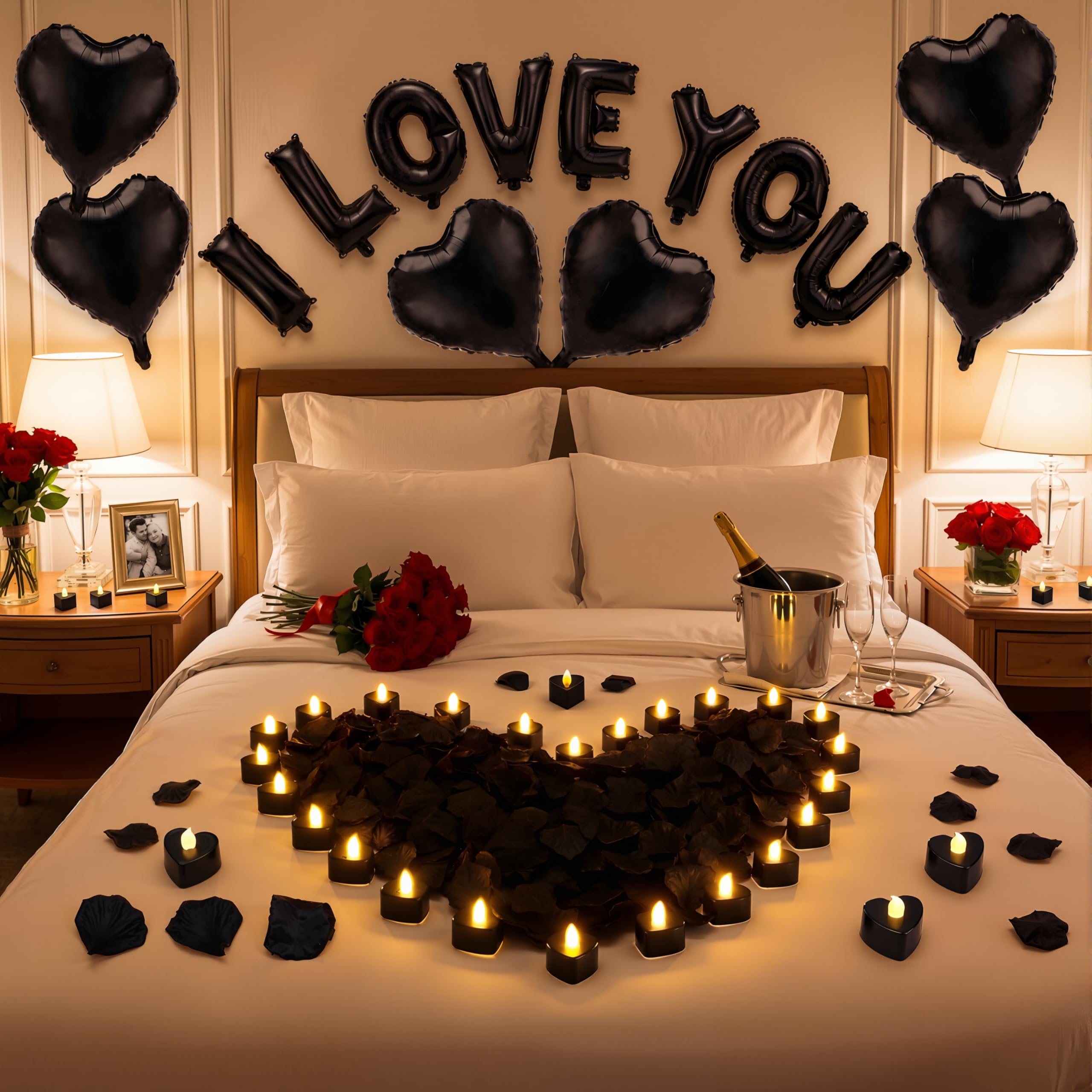 Seematn Black Valentines Day Balloons Kit – I Love You Banner, Heart Balloons & Rose Petals