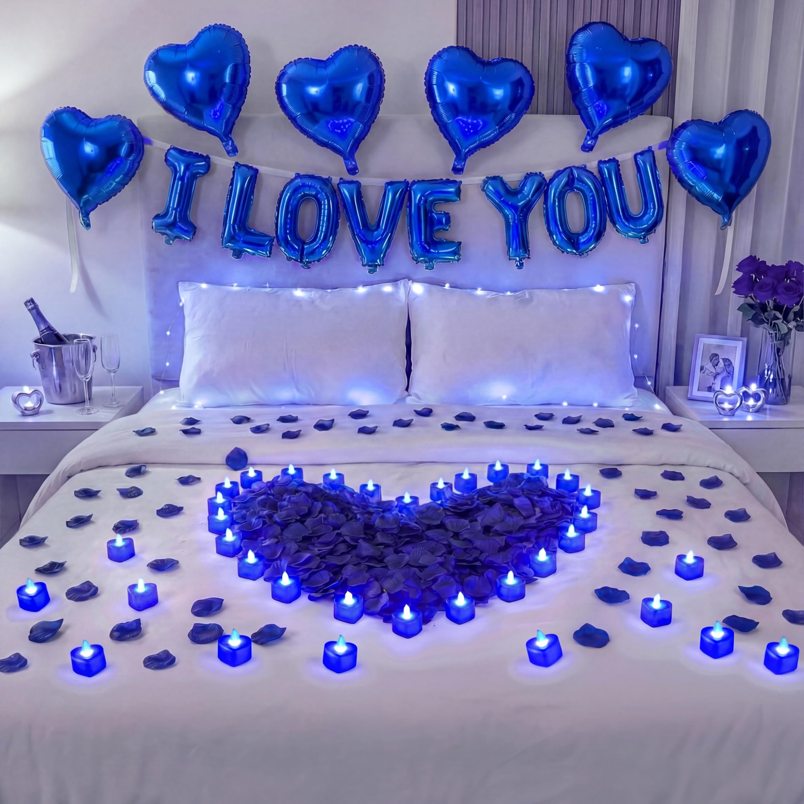 Seematn Blue Valentine's Day Balloons Kit – I Love You Banner, Heart Balloons, Flameless Candles & Rose Petals