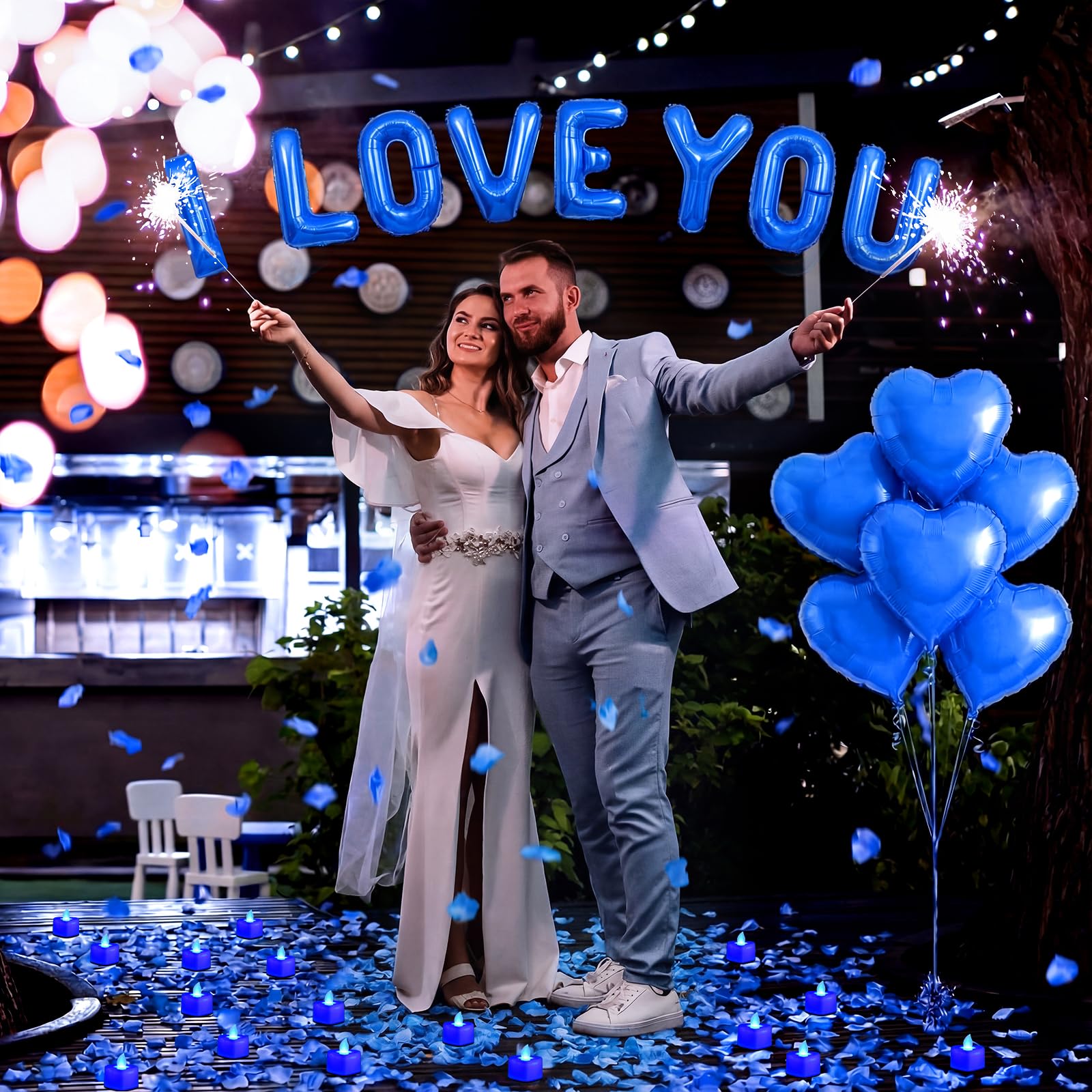 Seematn Blue Valentine's Day Balloons Kit – I Love You Banner, Heart Balloons, Flameless Candles & Rose Petals