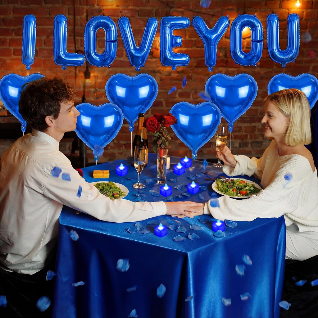 Seematn Blue Valentine's Day Balloons Kit – I Love You Banner, Heart Balloons, Flameless Candles & Rose Petals