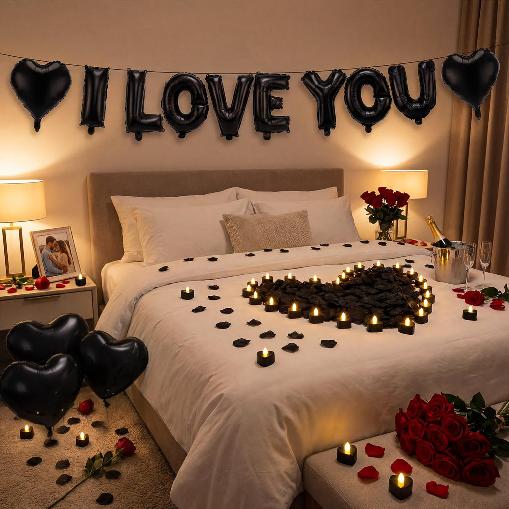 Seematn Black Valentines Day Balloons Kit – I Love You Banner, Heart Balloons & Rose Petals