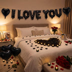 Seematn Black Valentines Day Balloons Kit – I Love You Banner, Heart Balloons & Rose Petals