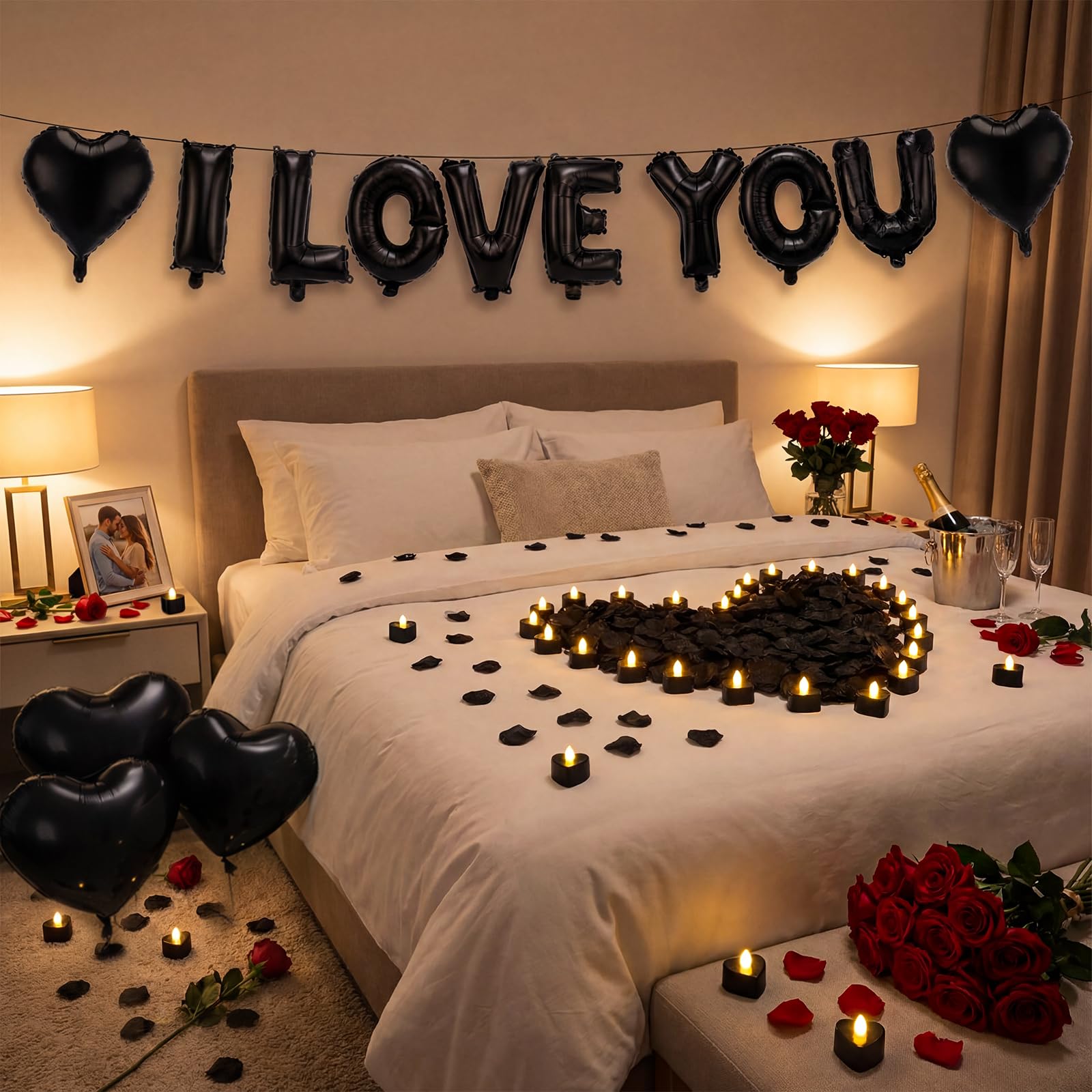 Seematn Black Valentines Day Balloons Kit – I Love You Banner, Heart Balloons & Rose Petals