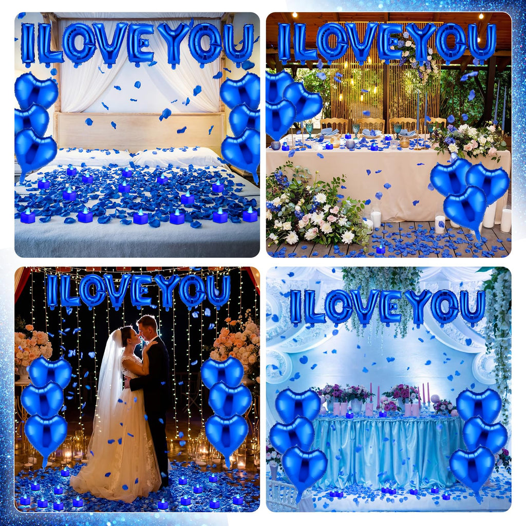 Seematn Blue Valentine's Day Balloons Kit – I Love You Banner, Heart Balloons, Flameless Candles & Rose Petals