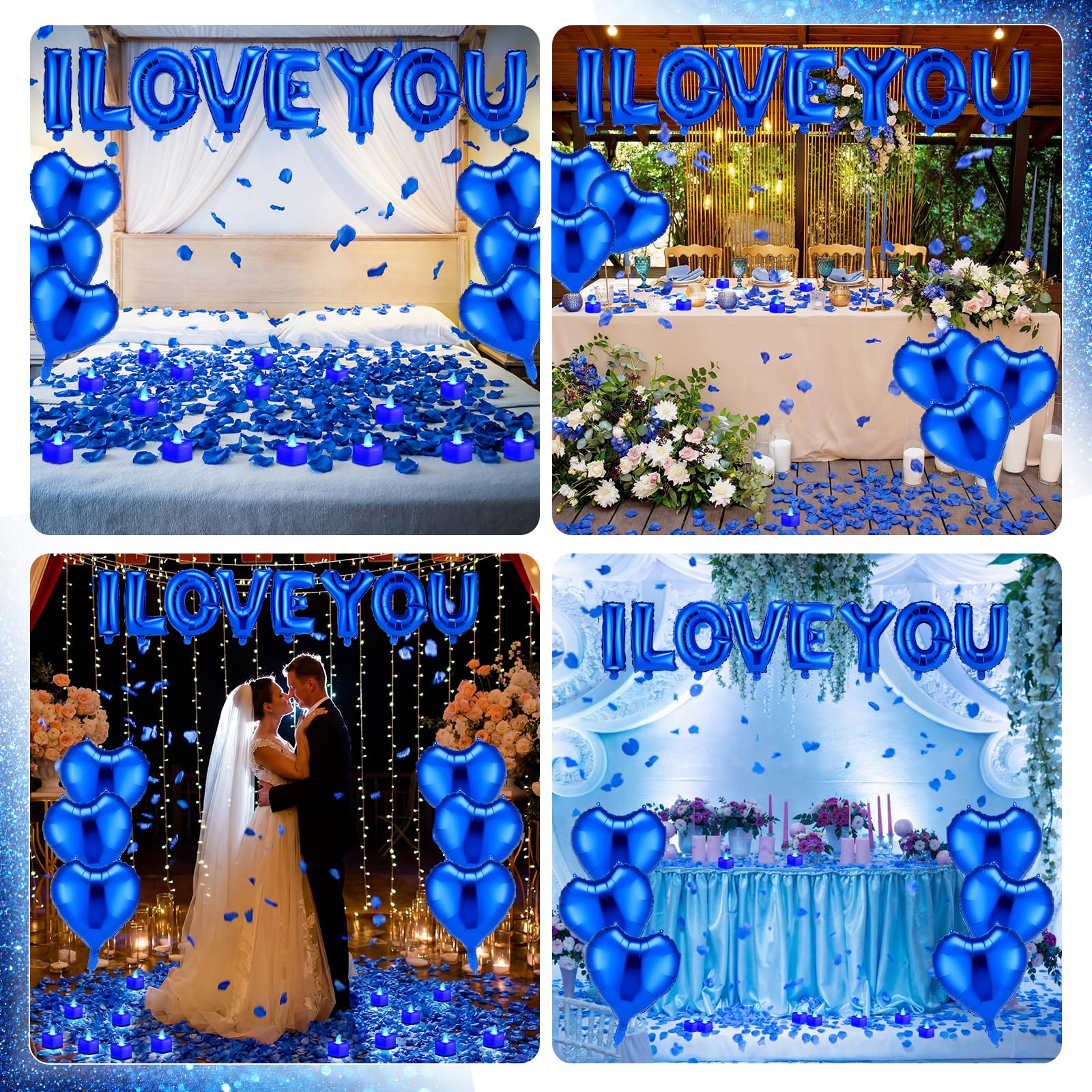 Seematn Blue Valentine's Day Balloons Kit – I Love You Banner, Heart Balloons, Flameless Candles & Rose Petals