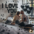 Seematn Black Valentines Day Balloons Kit – I Love You Banner, Heart Balloons & Rose Petals