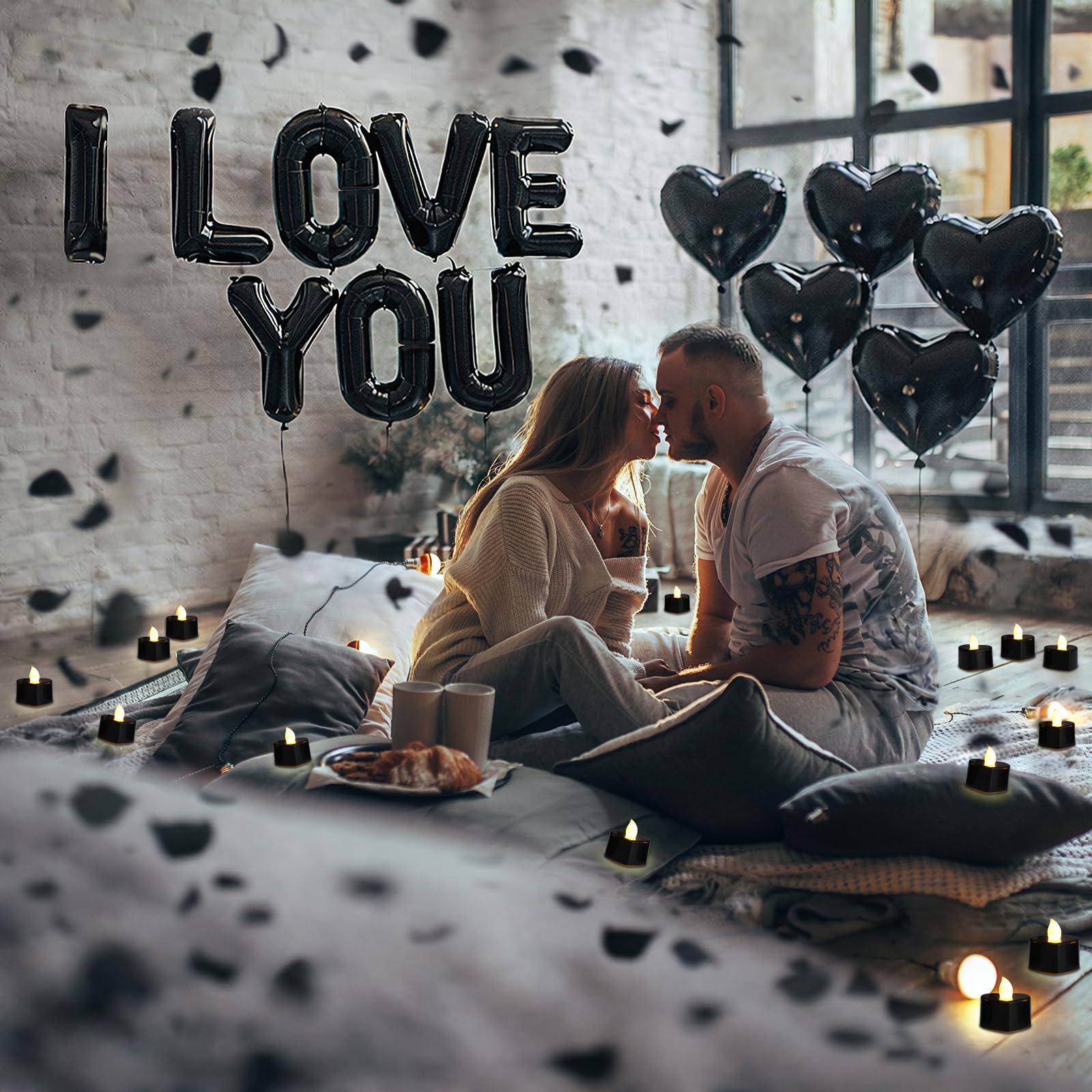 Seematn Black Valentines Day Balloons Kit – I Love You Banner, Heart Balloons & Rose Petals