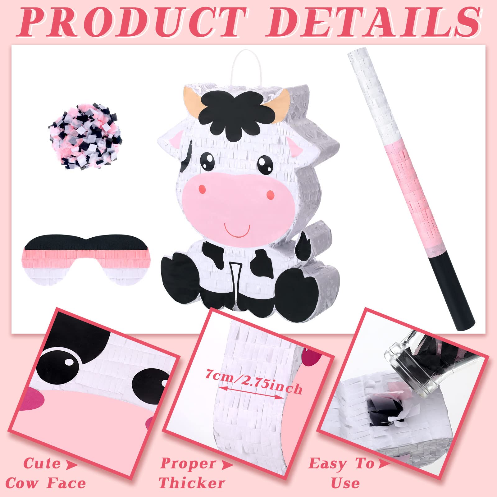 Seematn Cow Piñata Bundle with Blindfold, Bat & Confetti – Large 15.75 x 11.81 x 2.95 in Kids Birthday Party Supplies