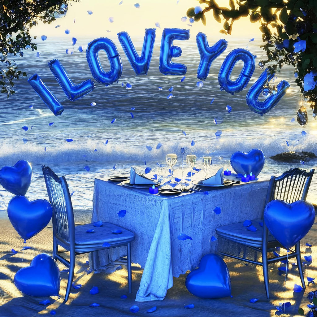 Seematn Blue Valentine's Day Balloons Kit – I Love You Banner, Heart Balloons, Flameless Candles & Rose Petals