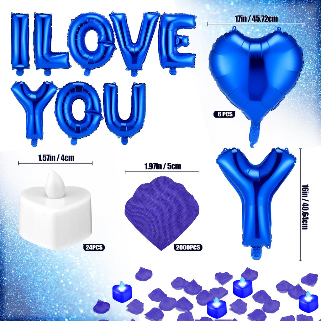 Seematn Blue Valentine's Day Balloons Kit – I Love You Banner, Heart Balloons, Flameless Candles & Rose Petals