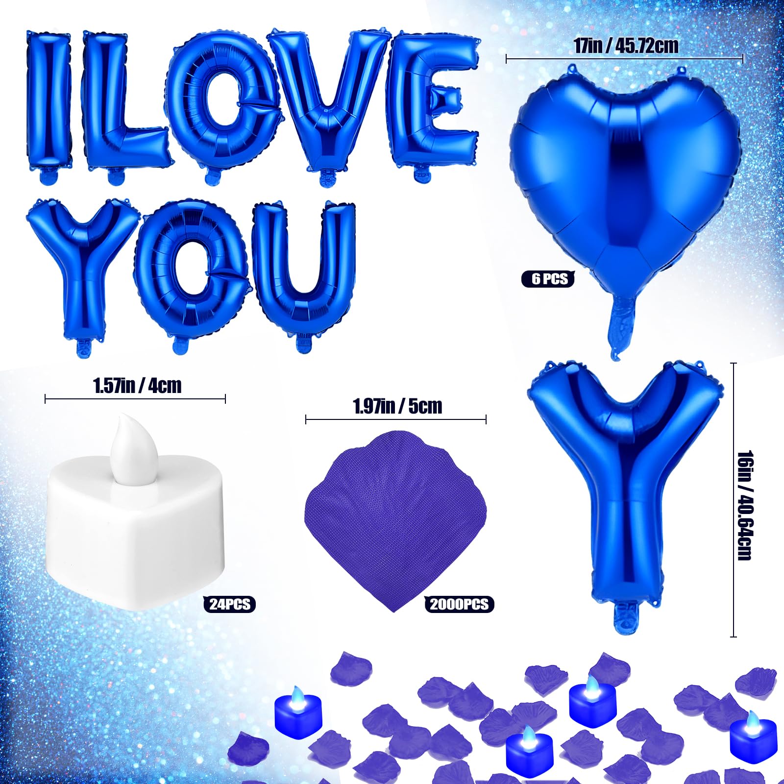 Seematn Blue Valentine's Day Balloons Kit – I Love You Banner, Heart Balloons, Flameless Candles & Rose Petals