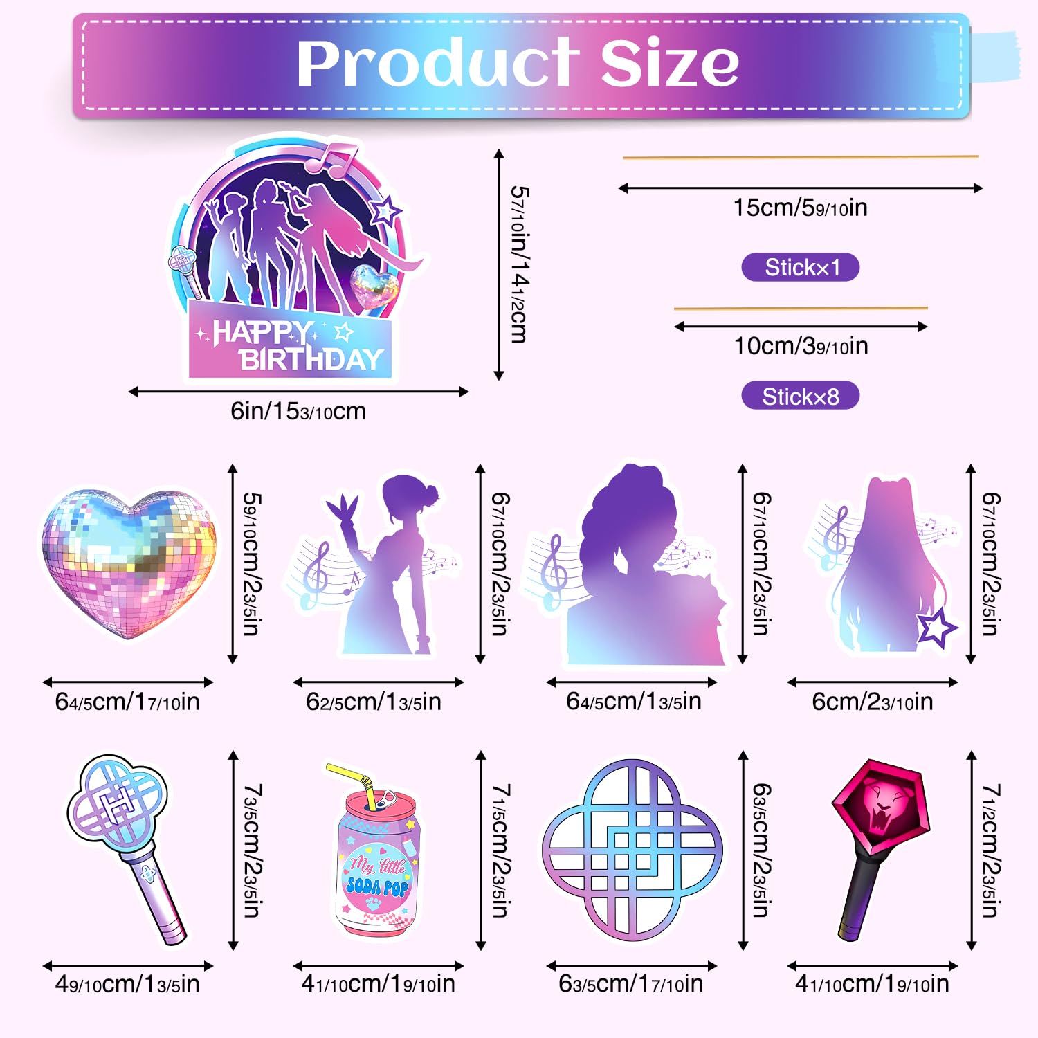 SEL Popular Birthday Cake Topper – Glittery Happy Birthday Topper + 8 Movie Cupcake Toppers for Girls' Parties