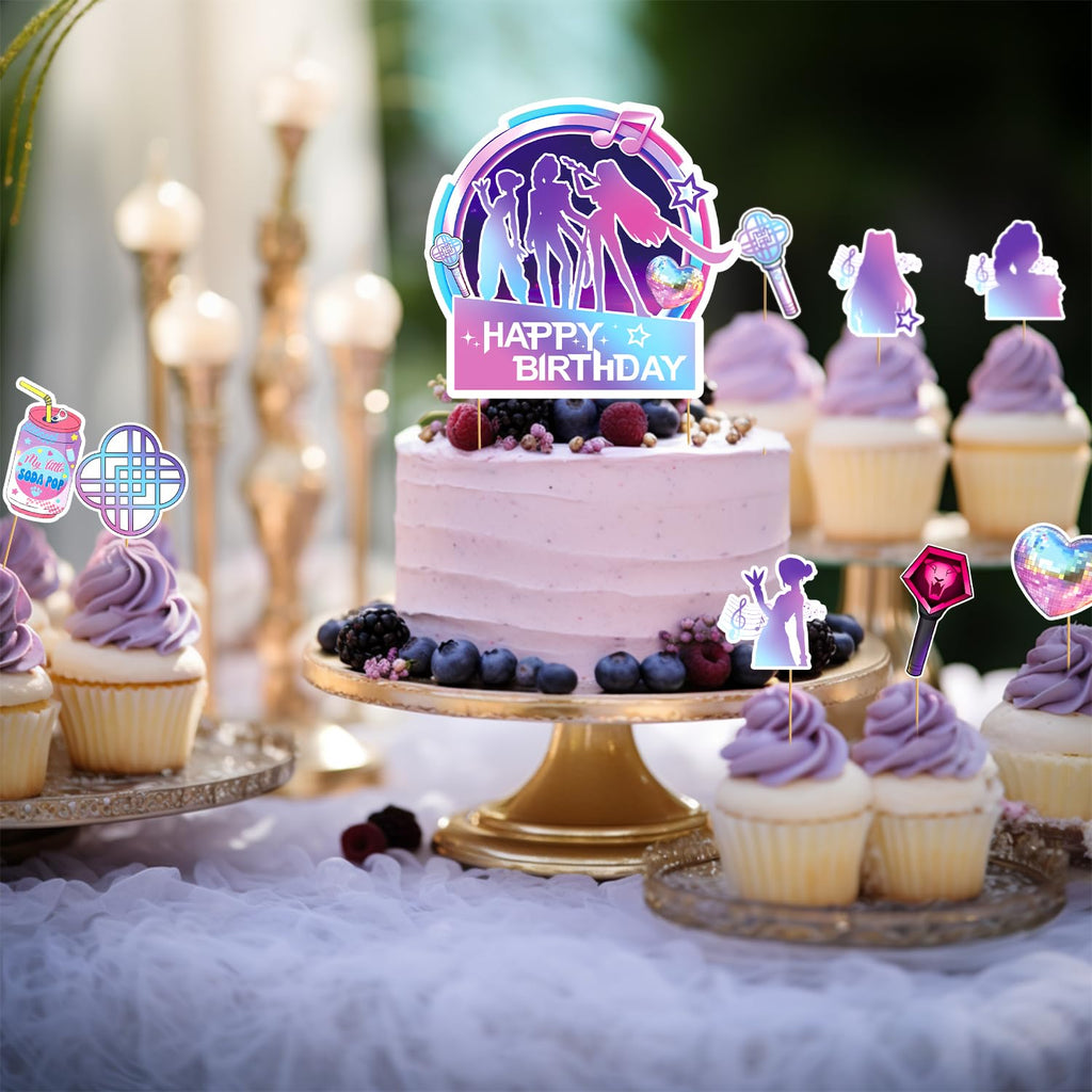 SEL Popular Birthday Cake Topper – Glittery Happy Birthday Topper + 8 Movie Cupcake Toppers for Girls' Parties