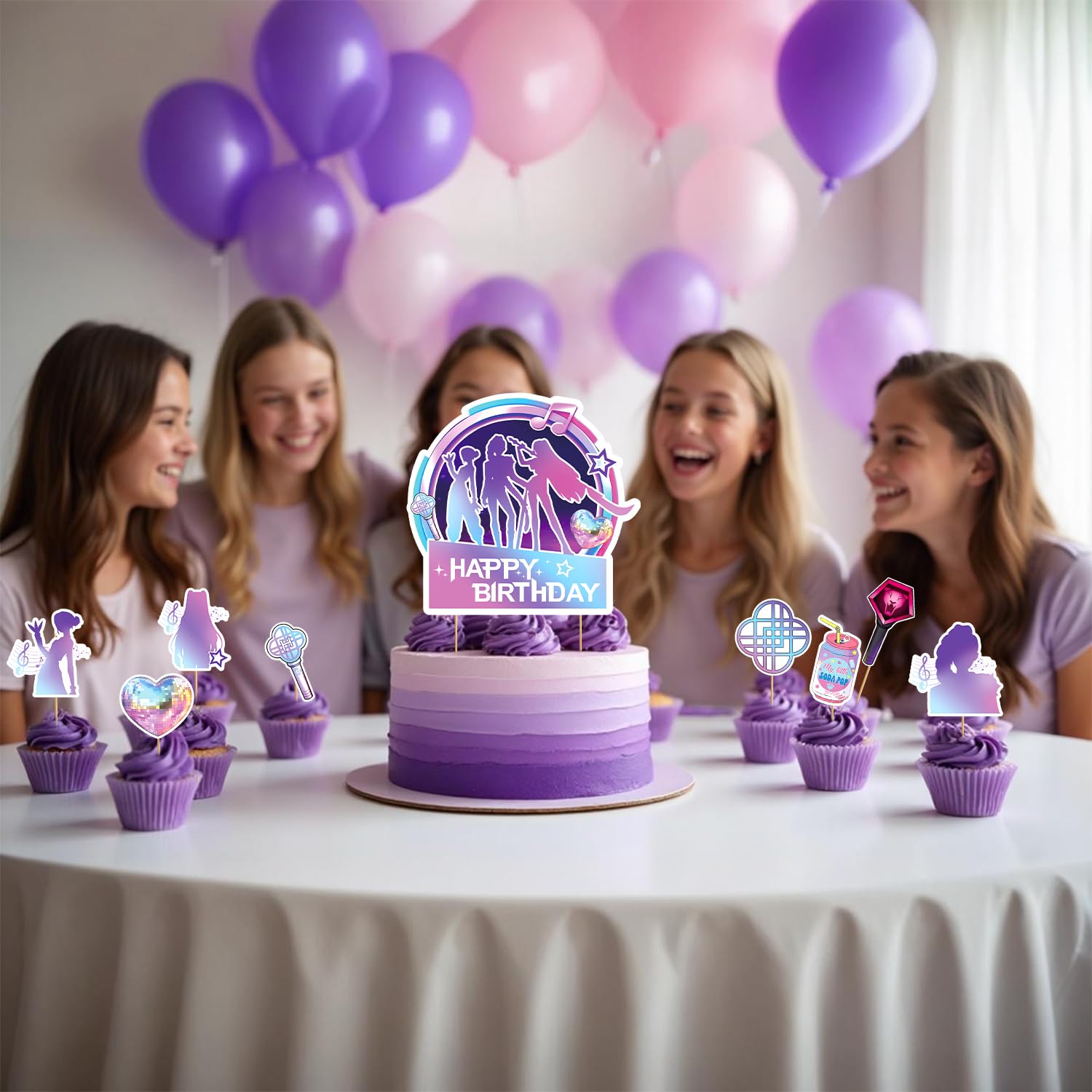 SEL Popular Birthday Cake Topper – Glittery Happy Birthday Topper + 8 Movie Cupcake Toppers for Girls' Parties