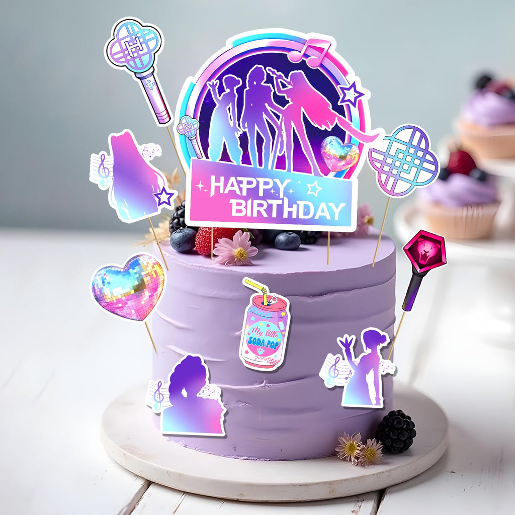 SEL Popular Birthday Cake Topper – Glittery Happy Birthday Topper + 8 Movie Cupcake Toppers for Girls' Parties