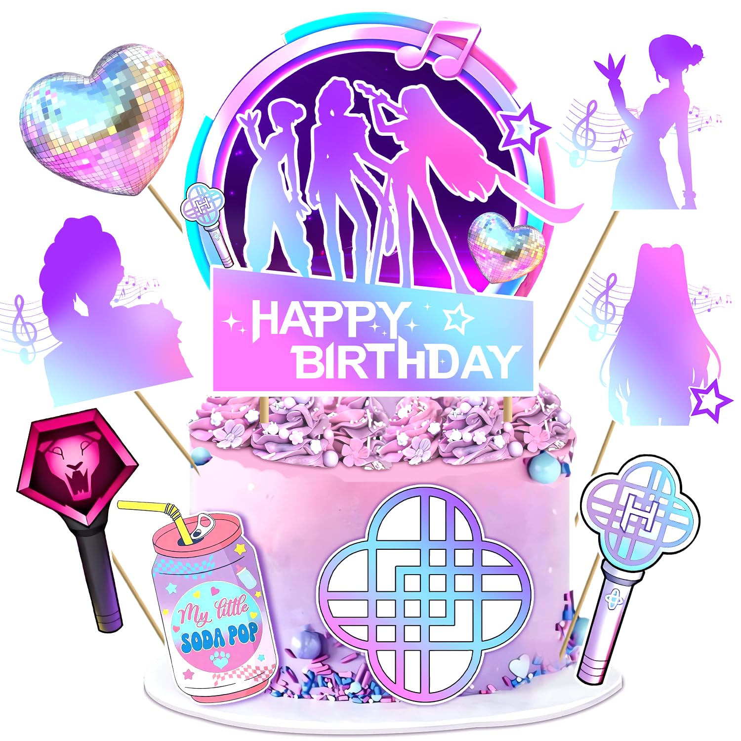 SEL Popular Birthday Cake Topper – Glittery Happy Birthday Topper + 8 Movie Cupcake Toppers for Girls' Parties