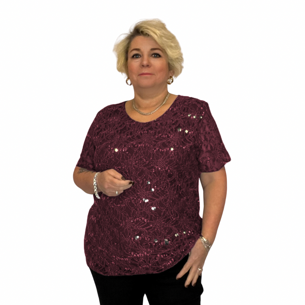 ROCKTHOSECURVES SEQUIN AND LACE SHORT SLEEVE BLOUSE / TOP