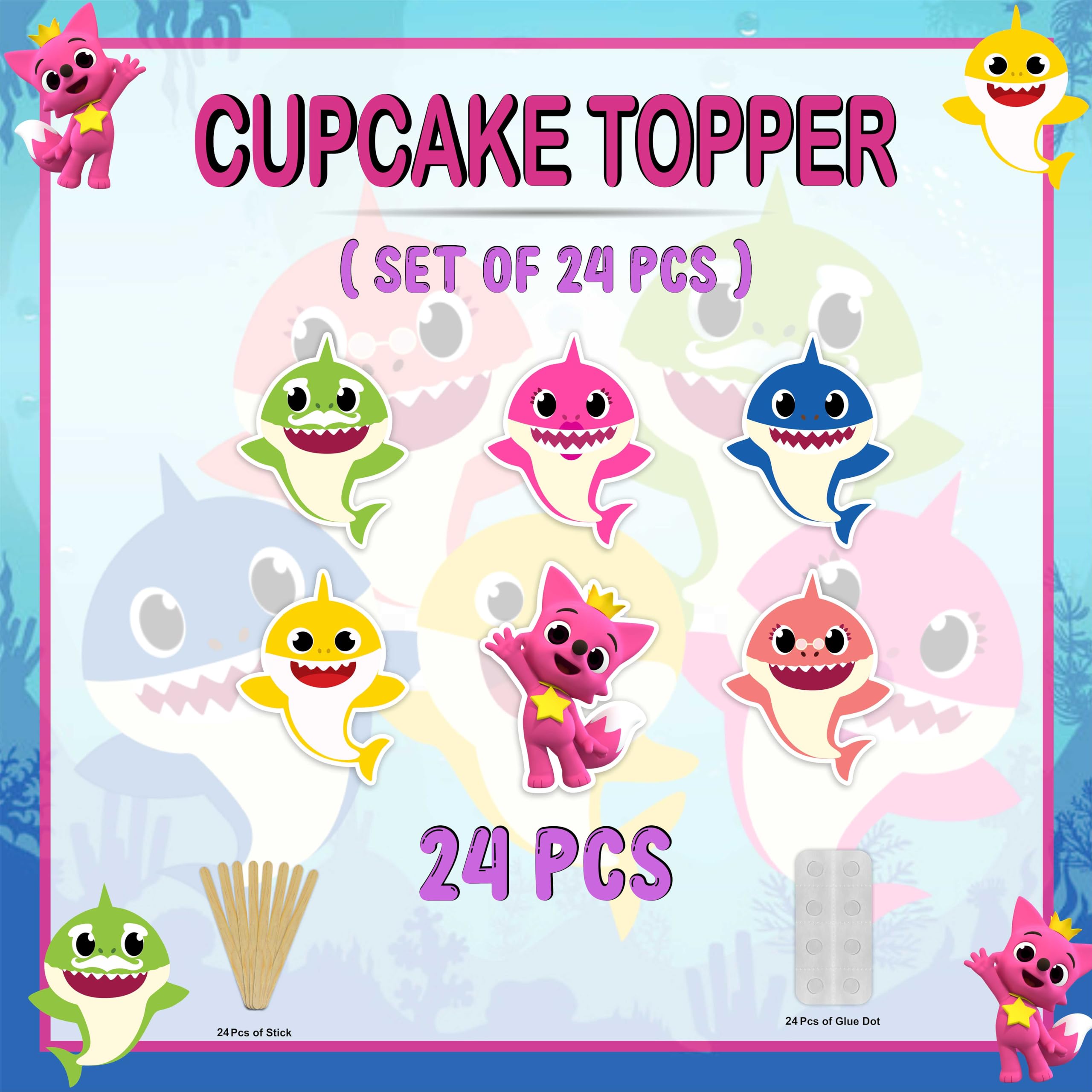 Seyal Bby Shrk Cupcake Toppers – Multicolor 24-Pack for Bby Shrk-Themed Parties