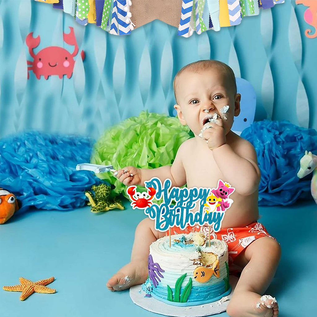 Seyal Bby Shrk Happy Birthday Cake Topper – Cute Shark Theme Decor for Ocean Parties