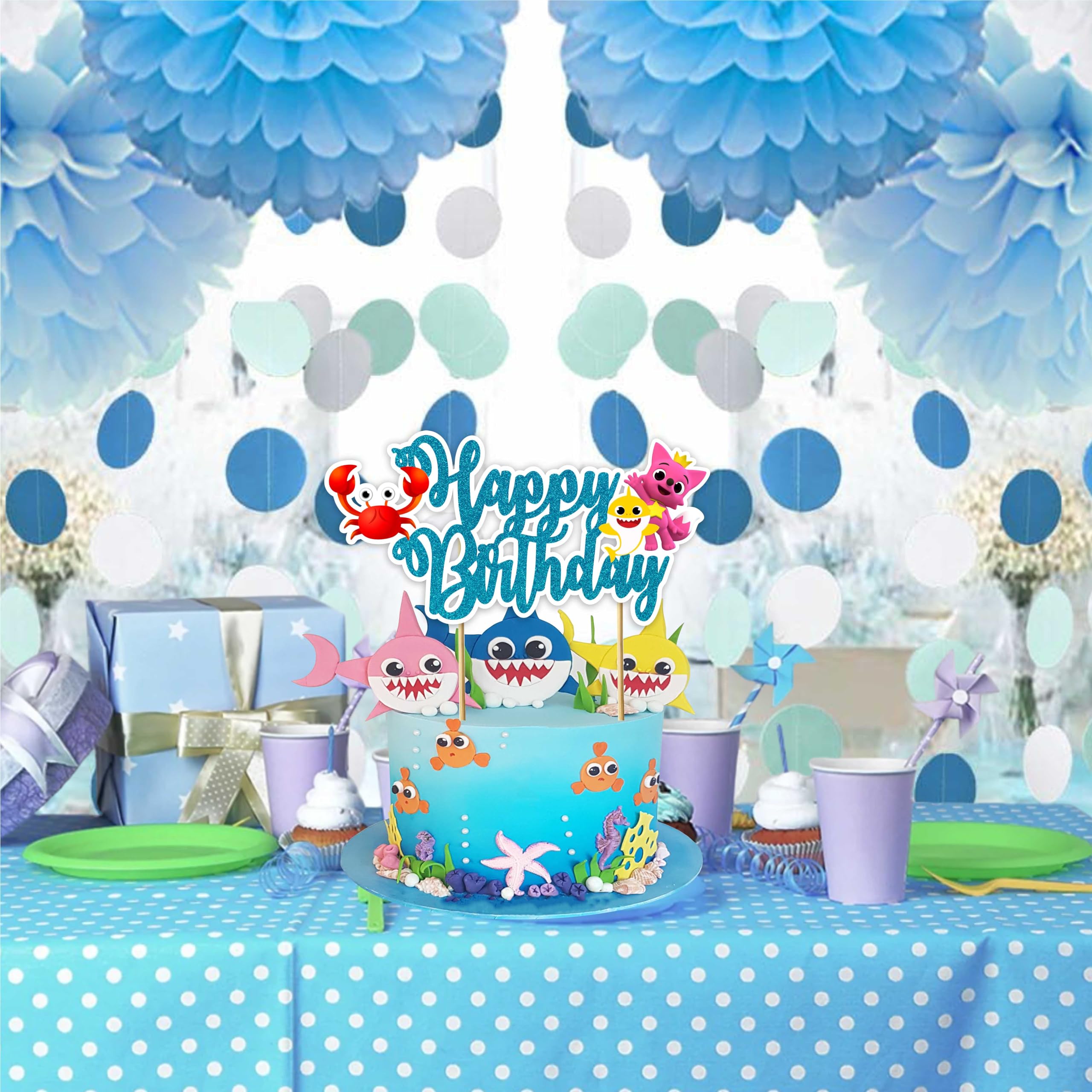 Seyal Bby Shrk Happy Birthday Cake Topper – Cute Shark Theme Decor for Ocean Parties