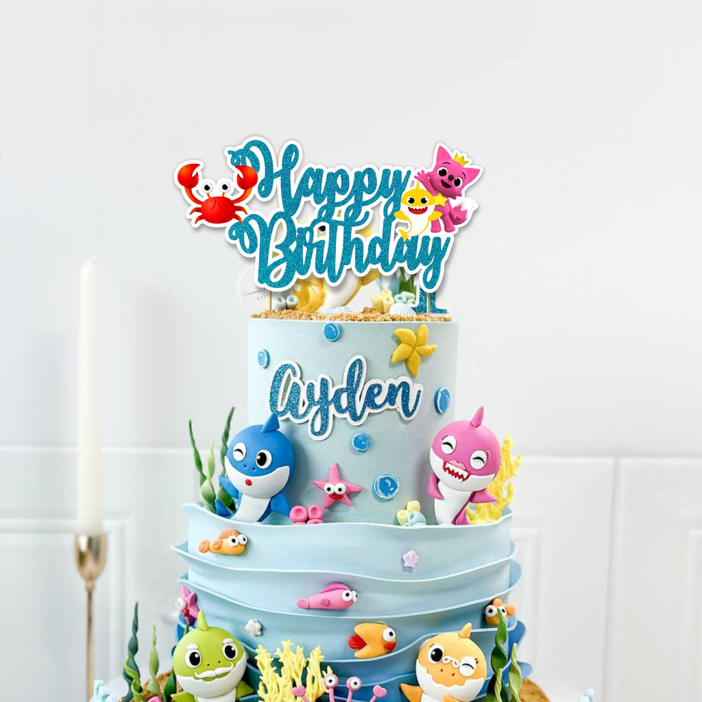 Seyal Bby Shrk Happy Birthday Cake Topper – Cute Shark Theme Decor for Ocean Parties