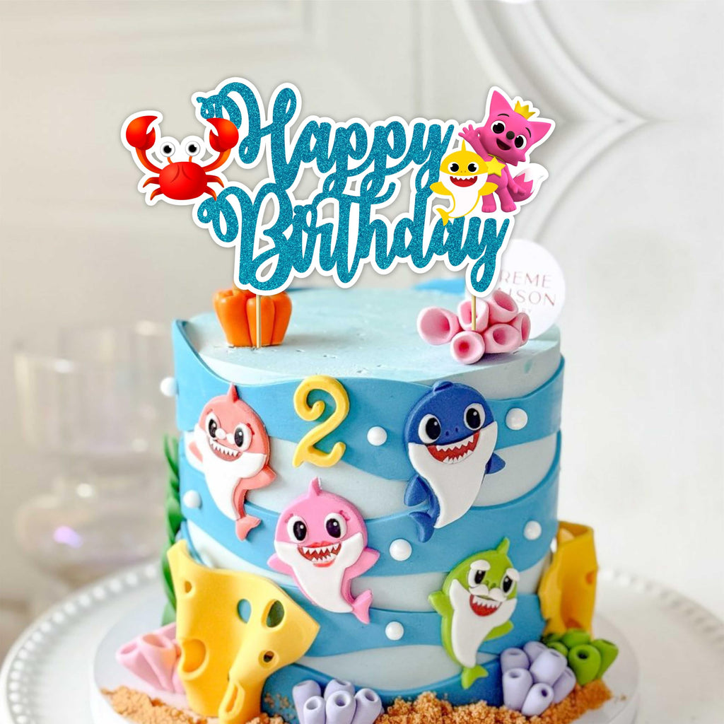 Seyal Bby Shrk Happy Birthday Cake Topper – Cute Shark Theme Decor for Ocean Parties