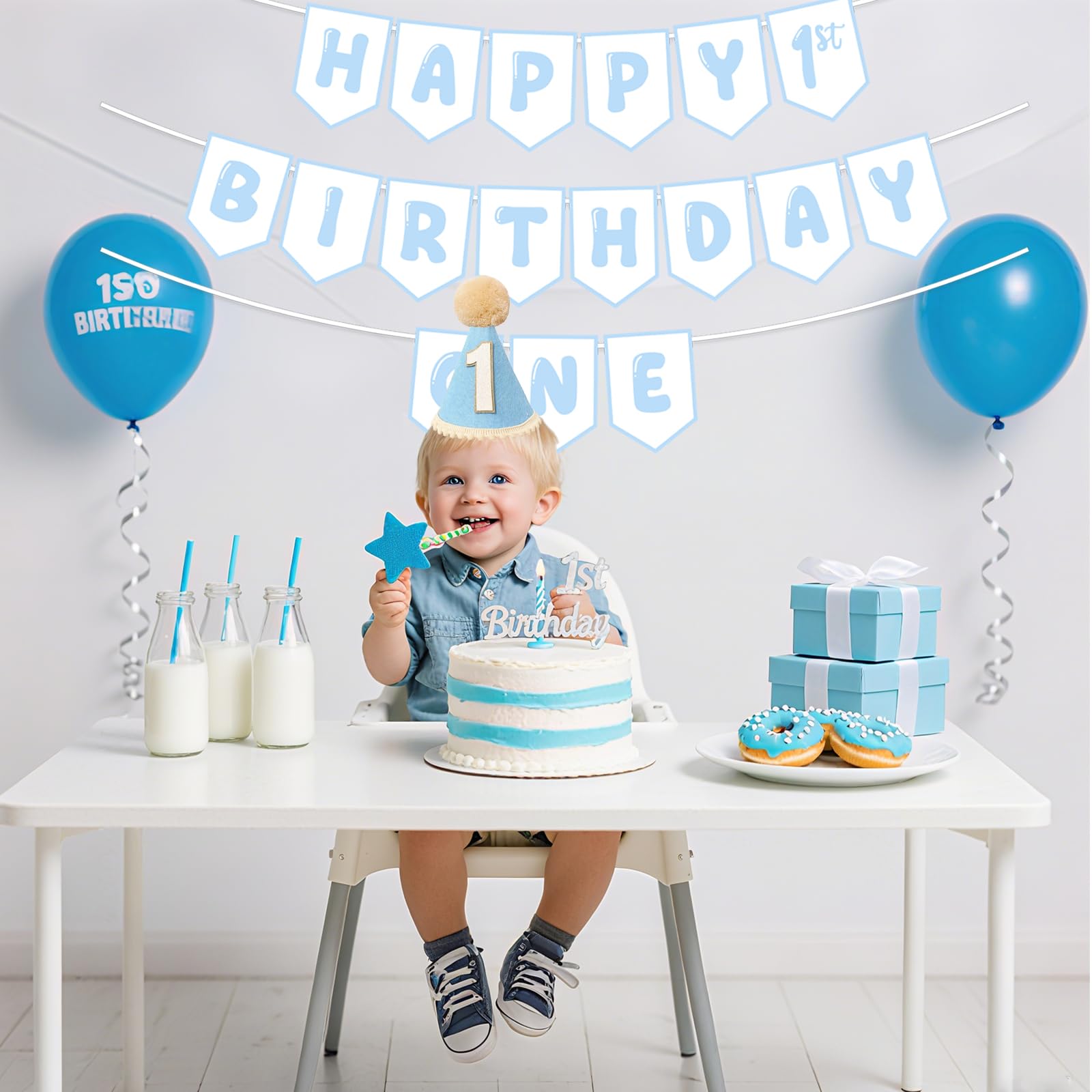 Shanmorine First Birthday Decorations for Boy – Blue Hat & Pre-Strung 1st Birthday Banner